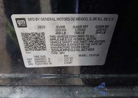 2025 Chevrolet Equinox Awd Lt z USA, uszkodzony, nr VIN 3GNAXPEG2SL307455